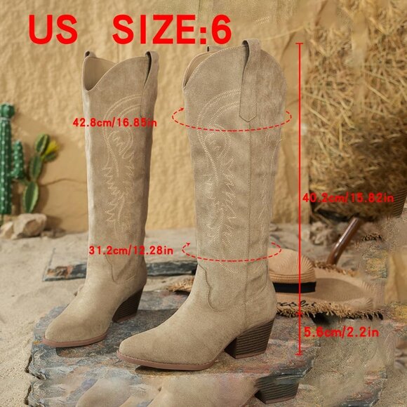 ⚡Women's Beige Embroidered Cowgirl Boots Knee High Pointed Toe Chunky Heel - Picture 5 of 7
